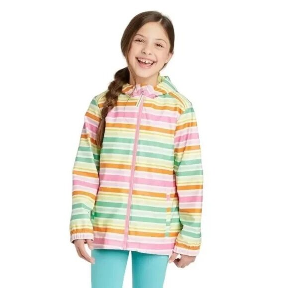 Cat & Jack Girl's Rain Jacket Hood Full Zip Colorful Stripe Size S Small 6/7 - Picture 3 of 8